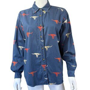 Gordon & James Button-Up Shirt Women’s M Blue Cotton Longhorn Western Print